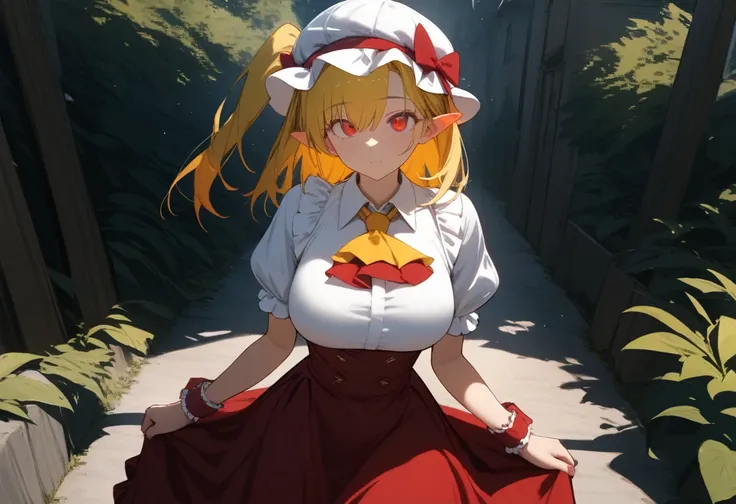 (masterpiece, Highest quality:1.2),One girl,Flanders Scarlet,East,Have,Mob Cap,alone,Blonde,red Best,wing,Red eyes,crystallization,Best,White Hat,Outdoor,Short sleeve,One side up,Puffy sleeves,skirt,shirt,Pointed Ears,red skirt,View your viewers,puffy Shor...