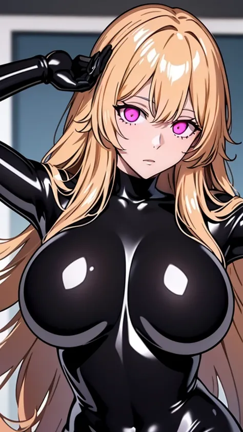 1 Girl,NsfW,  undefined,,Huge breasts, clavicle, Glowing purple eyes,Absurd, brainwashing,Hollow Eyes, ((Expressionless,Emotional erasure)), (((Black latex tight bodysuit))),avert your eyes , Full body portrait,((stand up, salute)), (Highest quality、4K、8K、...