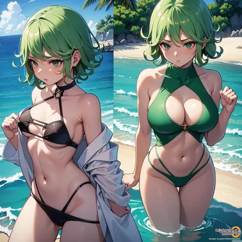 a closeup of a woman in a bikini on the beach, Tatsumaki de one punch man, bikini verde, Tatsumaki, seductive anime girl, krenz cushart y artgerm, green Swimsuit, Extremely detailed artistic germ, Swimsuit, I will also make fanart., Artgerm Style, artgerm ...