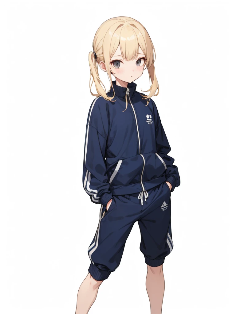 whole body、Navy blue tracksuit、Black shorts、Dynamic Napause、Blonde Hair、Girl&#39;s Room、Navy blue tracksuit、Blonde Hair、Shortcuts、Side hair is curled inward、Curly hair along the jawline、Navy blue jersey_White line with thin yellow border from shoulder to w...