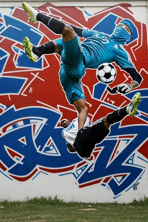 image of a graffiti of a faceless soccer player doing a bicycle kick 