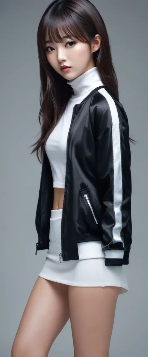 black background blank, girl, ulzzang, fit body, long hair with bangs, black latex leggings with reflective effect, white tanktop long crop, bomber jacket, choker, standing pose, professional model, beautiful, high detailed face, amateur taken style photo,...