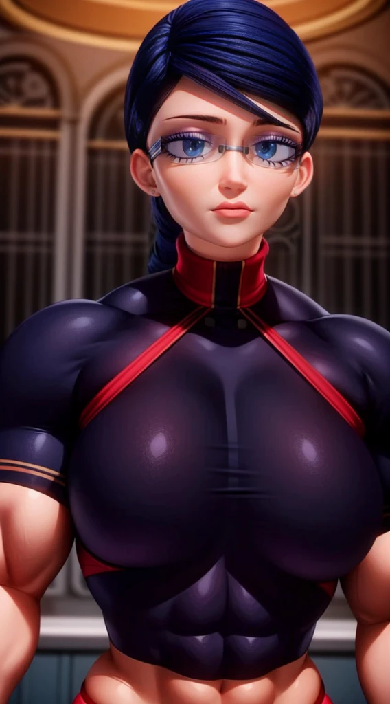 a muscular 2 meter heighted and 3 meter width female bodybuilder in (( red bra and panties, her hair is (gradient of dark blue and red) from end to the right side of head)), detailed face, beautiful detailed eyes, beautiful detailed lips, ((extremely detai...