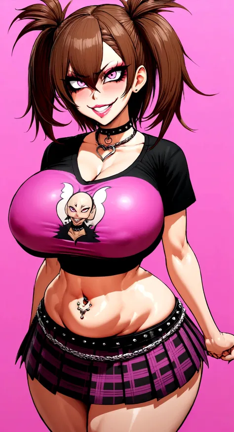 big lips, Brown hair, pink eyes, japanese face, improve, improve grin, two sides up, huge breasts, Wide hips, sexy, detailed, pink room, Hits, (evil smile1.4), kawaii, pleated skirt, punk, GOOD, Pink and black suit, plaid skirt, punk shirt, choker, punk sk...