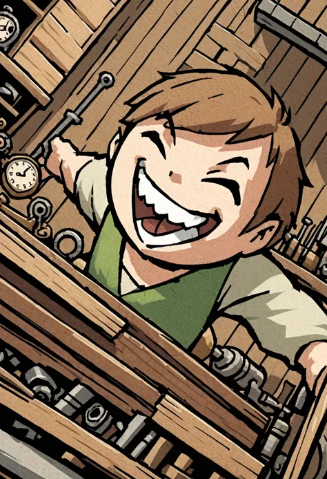 detailed illustration, dynamic angle, ultra-detailed, illustration, WindWakerStyle, 1man, brown hair, wooden workshop, smile, laughing, clocks, clockwork tools, tinker tools, carpentry tools, springs, 