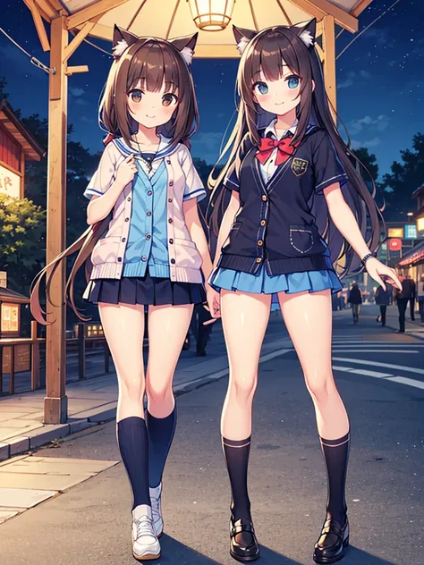 {Highest quality], [Super beautiful], [Ultra fine], [Best illustration], NSFW,Brown Hair, Hime cut, Long Hair blue ,cat ear , With bangs, girl,,uniform,knit cardigan,Short sleeve,skirt,smile, blush, Slender women,Standing posture,(Public),Night Park,Summer...