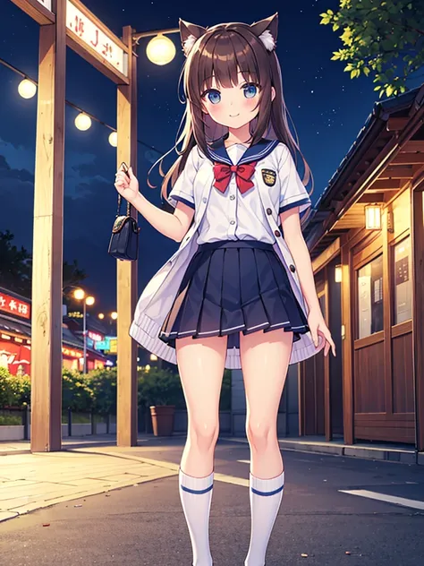 {Highest quality], [Super beautiful], [Ultra fine], [Best illustration], NSFW,Brown Hair, Hime cut, Long Hair blue ,cat ear , With bangs, girl,,uniform,knit cardigan,Short sleeve,skirt,smile, blush, Slender women,Standing posture,(Public),Night Park,Summer...