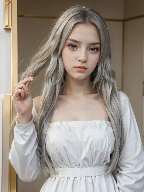 white girl, anime style, gold eyes, silver hair with golden touches, long wavy hair, intimidating expression, slim, 15 year old girl, very beautiful, long white traditional greek dress with long sleeves, loose hair, 