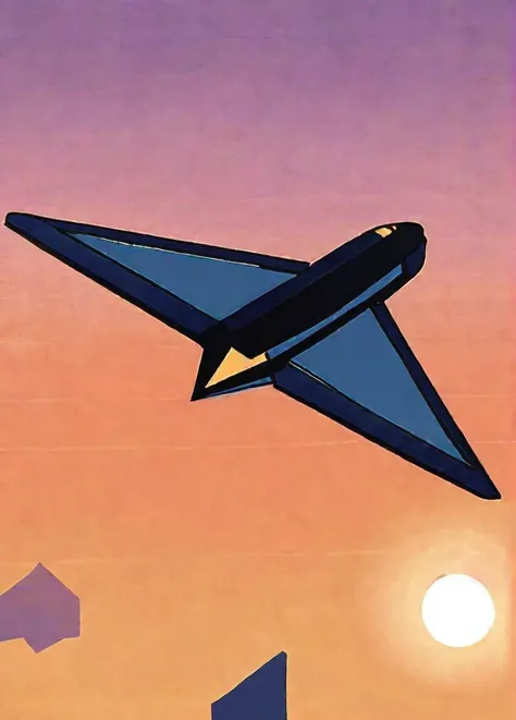 
There is a paper airplane flying over a large orange object，背景是Sunset，（（Sunset）），yolk，Sunset！，There are no gradients，Very flat shadows，The sun in the background，Digital drawing，In the spongy stomach，Complete light blocking，Round pupil，背景中的Sunset，详细的Digita...