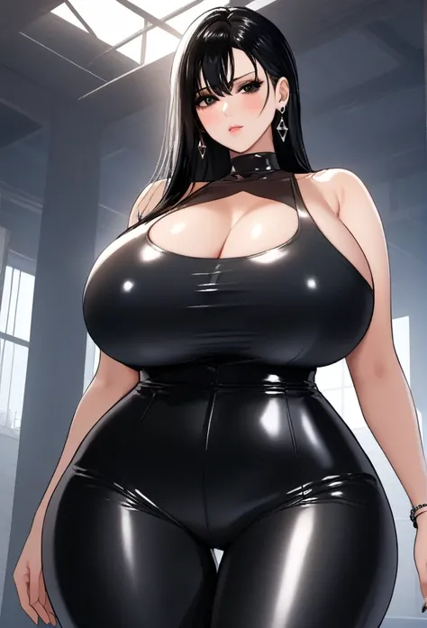 an  woman with the bearing of a madame in a,latex tank top and pants , with black eyes ,Gothic,big breasts , earrings ,close up sharp jawline ,full body shot, cleavage 