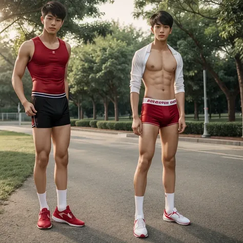 16 years old teenagers , very young , light-skin , wearing an dark red sexy underwear, tmasterpiece，k hd，the feet，Transparent sports vest，semi transparent，black long socks，The barefoot , red colour , handsome and cute , extreme cute boy , white skin , dark...