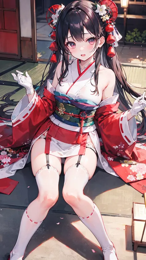 Cute Girls, Japanese look, High resolution, Super sharp, 8K, masterpiece、Knee-high socks、garter belt、Long gloves、Costumes with shoulders out、kimono、Shrine maiden、