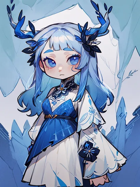 chibi, virtual youtuber model, front facing, full body, solo, masterpiece, best quality, extremely detailed, detailed background, detailed face, 1girl, pale skin, long blue hair, deer ears, white deer horns, white elegant dress, blue flower, good finger, p...