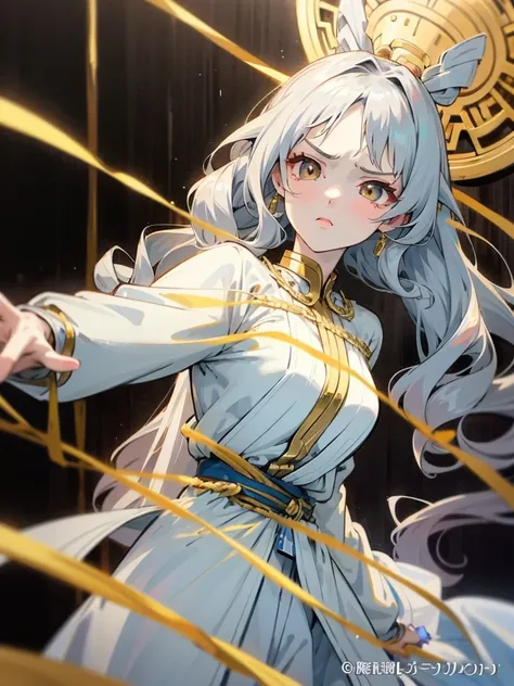 white girl, anime style, gold eyes, silver hair with golden touches, long wavy hair, intimidating expression, slim, 15 year old girl, very beautiful, long white traditional greek dress with long sleeves, loose hair,