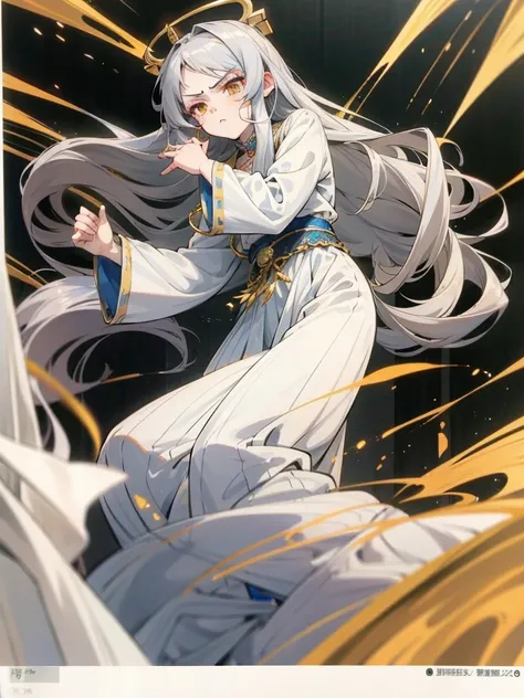 white girl, anime style, gold eyes, silver hair with golden touches, long wavy hair, intimidating expression, slim, 15 year old girl, very beautiful, long white traditional greek dress with long sleeves, loose hair,