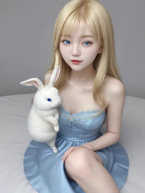 Korean blonde girl in blue dress next to a white rabbit 