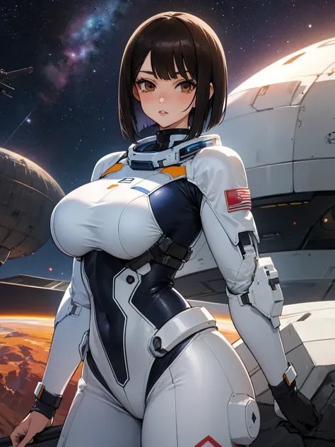 Youthful anime girl, short girl, busty girl, sci-fi explorer, Sci-Fi adventurer, spacesuit, bodysuit, under suit, armor suit, hot girl, supermodel body, huge breasts, heavy breasts. Brown eyes, black hair, short hair, long bangs, inverted bob