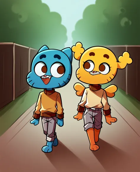 Penny Fitzgerald (penny_unshelled, cute, yellow body, kid, yellow wings) walking with Gumball (male, anthro, gumball watterson, feline, blue fur, brown eyes, tan sweater, grey pants)