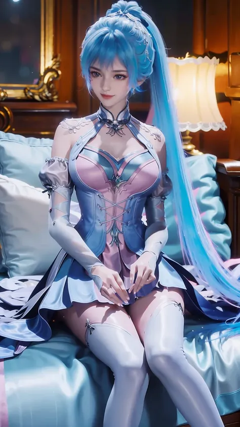 一个女孩lying in bed，dressed in suspender pajamas，face up，raise your legs slightly，front view super detailed beautiful big breasted ...