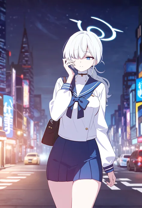 One tall woman,White Hair,Hairstyle is short ponytail,Sharp blue eyes,Slightly larger breasts,Wide thighs,Woman hiding her right eye with her hair)Sailor suit,Short skirt,woman walking in the city at night