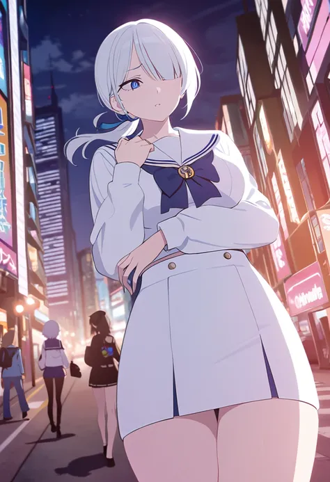 One tall woman,White Hair,Hairstyle is short ponytail,Sharp blue eyes,Slightly larger breasts,Wide thighs,Woman hiding her right eye with her hair)Sailor suit,Short skirt,woman walking in the city at night