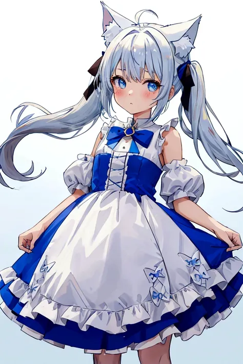 A girl loli, twintail, blue-white hair, white blue dress, blue cat ear, standing, white background