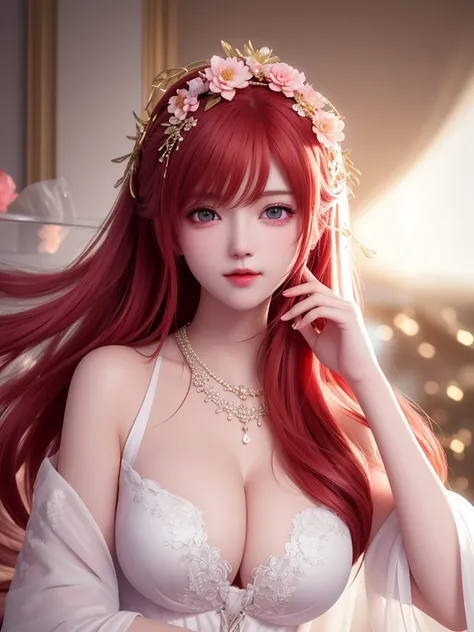 best quality, masterpiece, High target, There is a girl with a basket of flowers on her head, Big breast beauty，Very sexy，beautiful clothes, Hair Decorationss, necklace, Decorations, Pretty Face, When the body, Tyndall effect, Realistic Portraits, Edge lig...