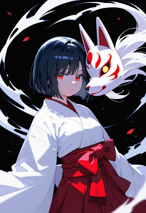 score_9, score_8_up, score_7_up, 1girl, short hair, reverse bob cut, black hair, miko, fox mask, mask on, Japanese clothes, kimono, white kosode, white kimono, red hakama skirt, sleeves past wrists, upper body, black background, simple background, masterpi...