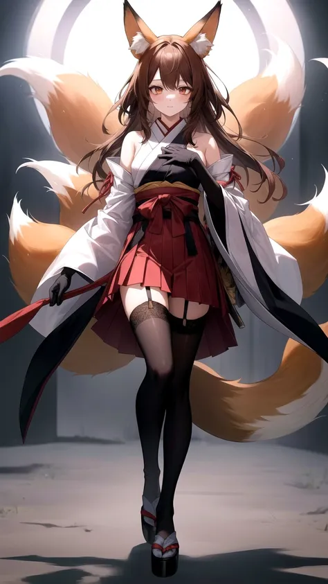 (masterpiece, Highest quality:1.2),figure,8K,High resolution,1girl,alone,animal_ears,Fox_ears,length_hair,red_eye,brown_hair,big_chest,Fox_tail,multiple_tails,前hair,chestの谷間,Fox_girl,animal_ear_Fluff,black_hair,Japanese_Clothes,narrow,red_skirt,skirt,wide_...