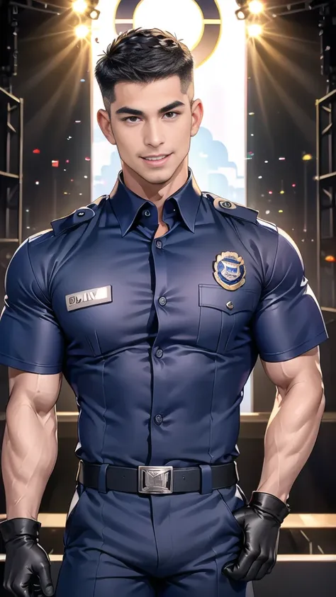 handsome man sit on the table ,(crew cut short hair:1.2),black eye,smile,open mouth (navy police uniform and t-shirt:1.2),(open ...