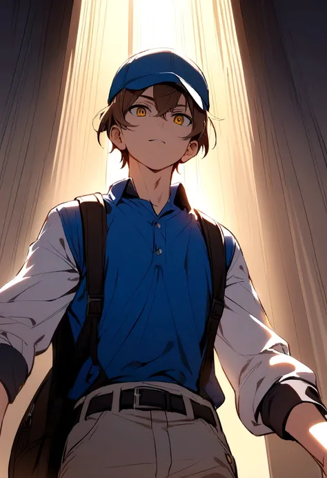 Brown haired boy, blue polo shirt, white sleeves, blue and yellow cap. black backpack, black belt.