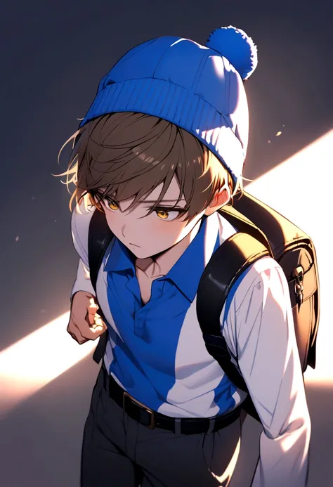 Brown haired boy, blue polo shirt, white sleeves, blue and yellow cap. black backpack, black belt.