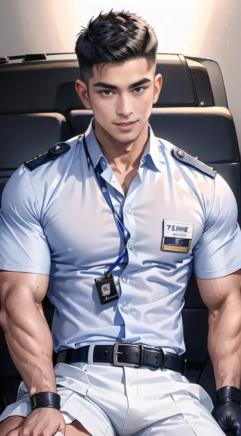 handsome man sit on the table ,(crew cut short hair:1.2),black eye,smile,open mouth (navy police uniform:1.2),(shirt short sleeves:1.2),collar,(shirt covered over:1.2),(name tag and Police badge:1.3),(shirt no buttons:1.1),(black_gloves:1.3), (Navy blue ca...