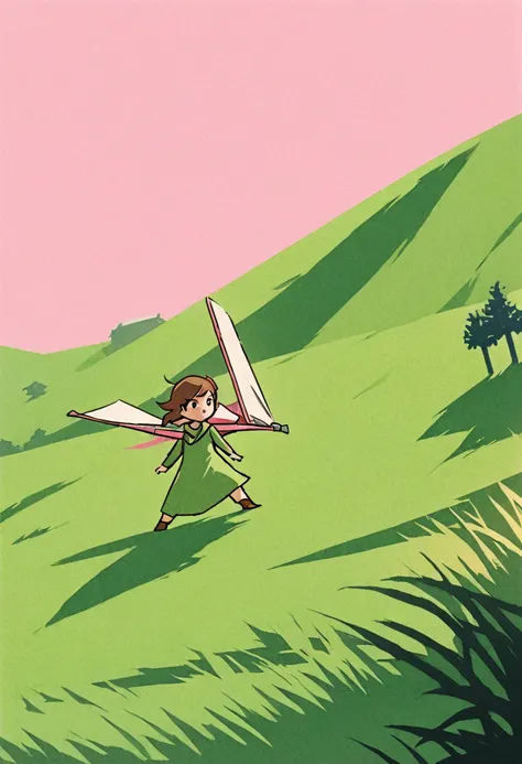 detailed illustration, dynamic angle, ultra-detailed, illustration, WindWakerStyle, 1girl, long brown hair, green clothes, goggles, pink wooden hang glider, standing on grassy hill, windy, windmills