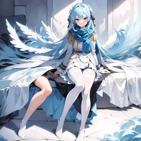 masterpiece, highest quality, highest resolution, clear_image, detailed details, light blue hair, long hair, one girl, light blue eyes, white pantyhose, black military clothing, light blue scarf, light blue wings (4 wings), cute, full body, no water marks