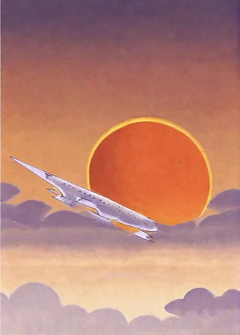 
There is a paper airplane flying over a large orange object，背景是Sunset，（（Sunset）），yolk，Sunset！，There are no gradients，Very flat shadows，The sun in the background，Digital drawing，In the spongy stomach，Complete light blocking，Round pupil，背景中的Sunset，详细的Digita...