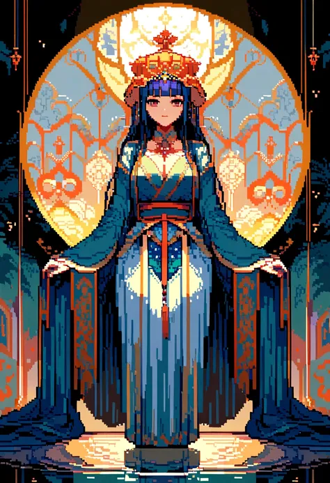 A pixel art masterpiece,best quality,  8K Ultra HD, Lin Daiyu，Classical Chinese novels，Classical women，Lin Daiyu，A painting，描绘了Lin Daiyu，indoor environment，Chinese classical style，Wearing gorgeous Hanfu，The face is melancholy，Soft Lighting，Bright colors。
