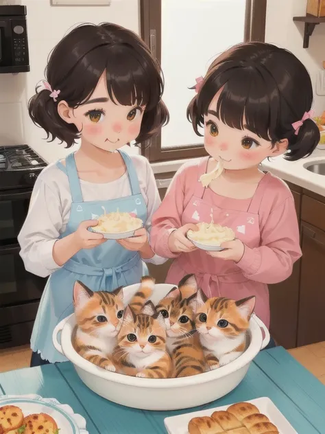 nobody，Two cute kittens，In the kitchen，Eating delicious food，Children&#39;s illustrations，This illustration is a 4K high-definition illustration，Rich facial features，Cartoon Style，cartoon animals，In the kitchen的猫