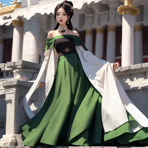 Girl in traditional Chinese clothing, Hanfu, Guzhen Hanfu women, green Hanfu,(long straight black hair:1.5), black eyes, black bun hairstyle, hair accessories ,white diamond earrings, Bangle Diameter, Dia Necklace, Clear eyes, Facing forward,put on makeup,...