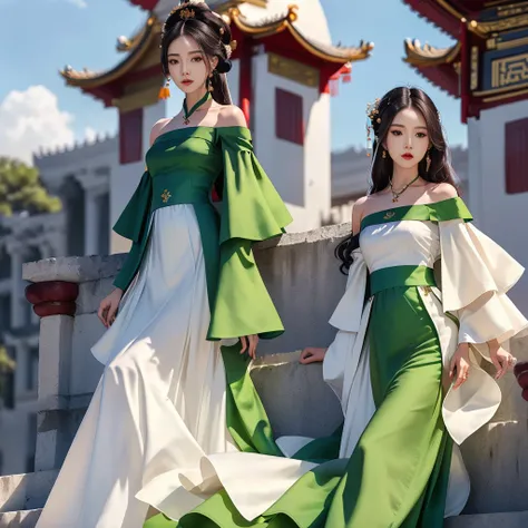 Girl in traditional Chinese clothing, Hanfu, Guzhen Hanfu women, green Hanfu,(long straight black hair:1.5), black eyes, black bun hairstyle, hair accessories ,white diamond earrings, Bangle Diameter, Dia Necklace, Clear eyes, Facing forward,put on makeup,...