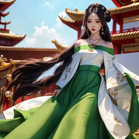 Girl in traditional Chinese clothing, Hanfu, Guzhen Hanfu women, green Hanfu,(long straight black hair:1.5), black eyes, black bun hairstyle, hair accessories ,white diamond earrings, Bangle Diameter, Dia Necklace, Clear eyes, Facing forward,put on makeup,...