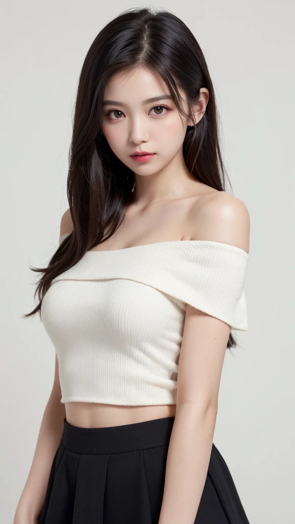 (((forehead、Northern Europe、White people、beautiful girl、Black Hair、White background、Tank top、Off-the-shoulder blouse、mini skirt、long hair、Perm)))、table top, highest quality, figure, super detailed, finely, High resolution, 8k wallpaper, Perfect dynamic com...