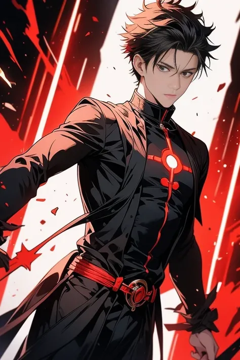 image of a character from the anime series jujutsu kaisen. The character is a young man with short black hair and piercing red eyes, wearing a white and black outfit with a red symbol on his chest. He is standing with his arms crossed in front of him, look...