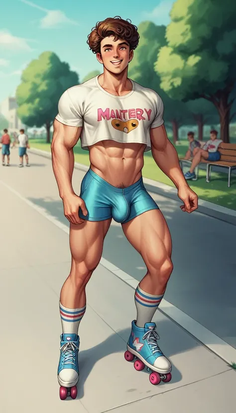 best quality, masterpiece, amazing details, (handsome muscular man with curly brown hair), exaggerated tiny waist, oversized white crop top tshirt with retro print, tiny booty short, bulge, penis outline, rollerblading fast on sidewalk, zooming towards cam...