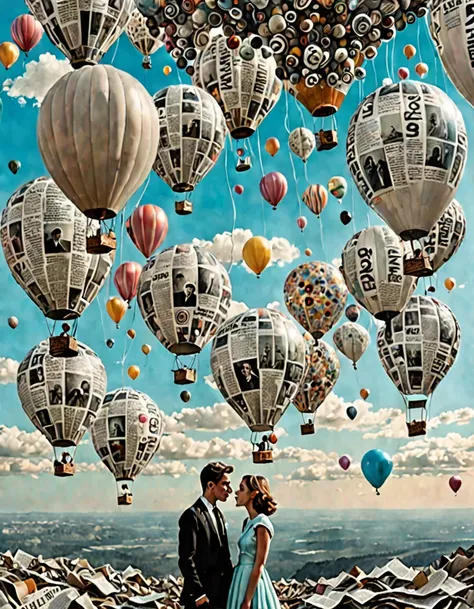 dreamy sky, Floating balloons made from newspaper clippings, The surreal landscape below, Retro-futuristic aesthetic, (Hyper-realistic facial features:1.3)