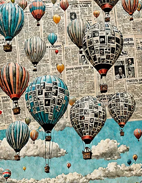 dreamy sky, Floating balloons made from newspaper clippings, The surreal landscape below, Retro-futuristic aesthetic, (Hyper-realistic facial features:1.3)