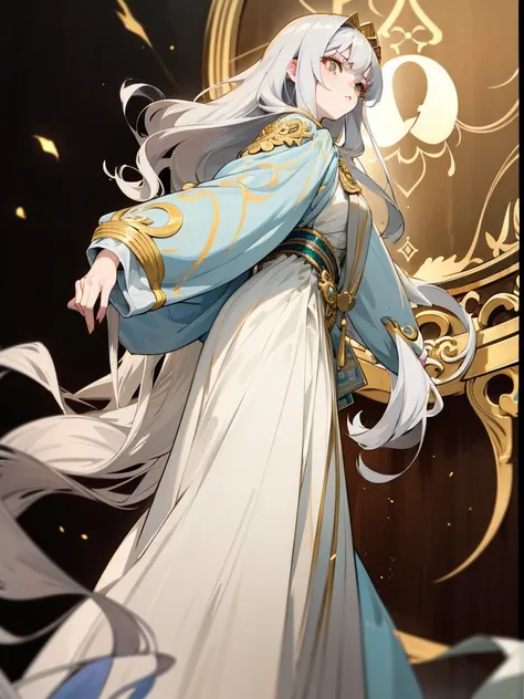 white girl, anime style, gold eyes, silver hair with golden touches, long wavy hair, intimidating expression, slim, 18 year old girl, very beautiful, long white greek traditional dress with long loose sleeves, loose hair,