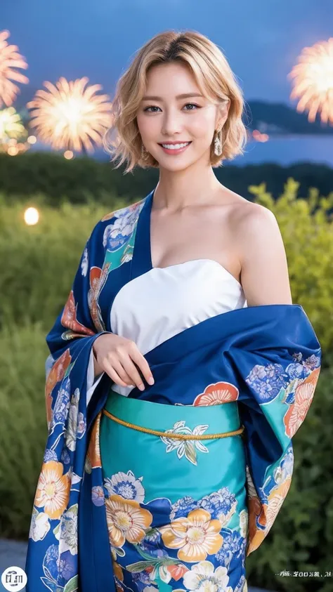 Gorgeous Japanese costumes、kimono、Fireworks display、On the chest、Full Body Tattoo、Hair tied up、Full body photo、Sexy Face、short hair、 A look of complete lust、(((masterpiece)))、((Highest quality))、((超Realistic))、成熟したwoman、成熟したwoman、perspective、Very detailed、...