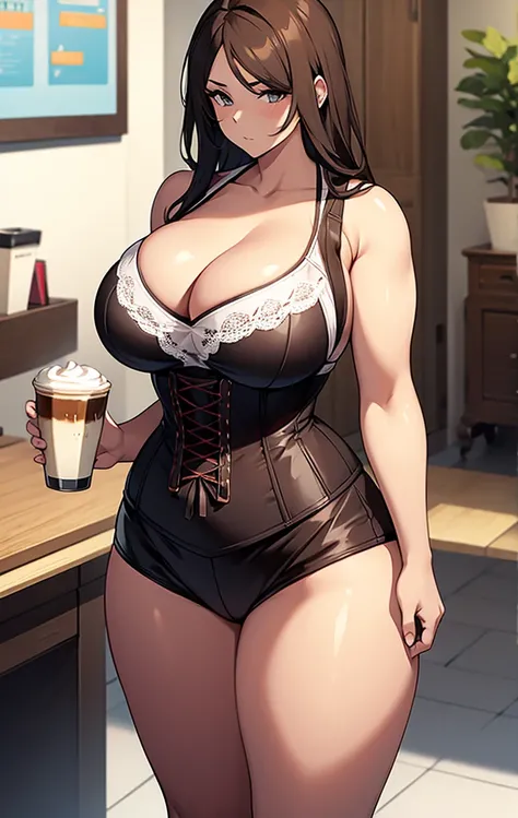 girl, With big breasts, athletic curvy body, corset with large brown neckline, for coffee.