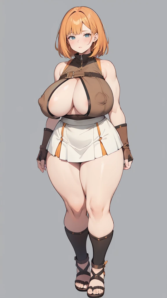 (masterpiece), best quality, female warrior, huge girl, female muscular:1.2, straight hair, ginger hair, massive breast, curvy, ((thick thighs:1.4)), (((blank background))), ((full body)), fingerless gloves, sandals, sleeveless, covered nipples, (underboob...